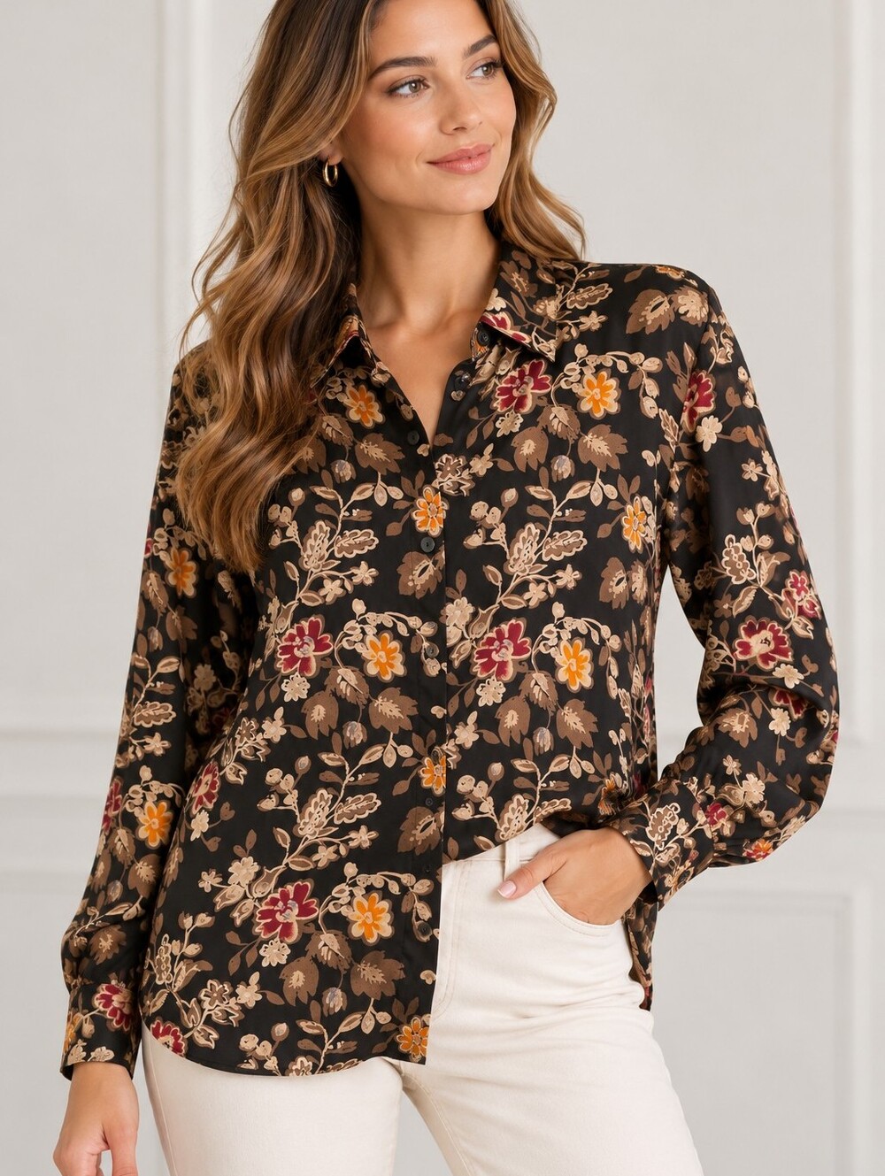 Anna and Frank Black Silk Floral Button-Up with Red & Tan Blooms